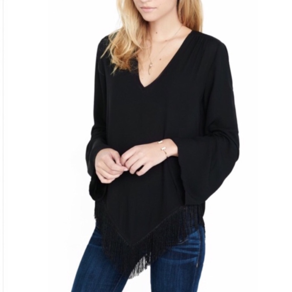EXPRESS BLACK FRINGE DETAILED BLOUSE BELL SLEEVES BOHO FLIRTY